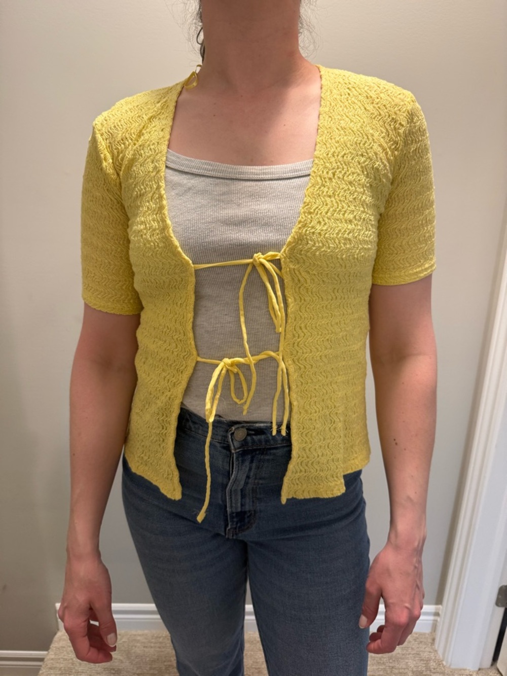 Zara Yellow Short-Sleeve Tie-Front Knit Cardigan